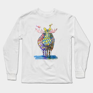 Cute Moose Watercolor Art with Bird Friends Long Sleeve T-Shirt